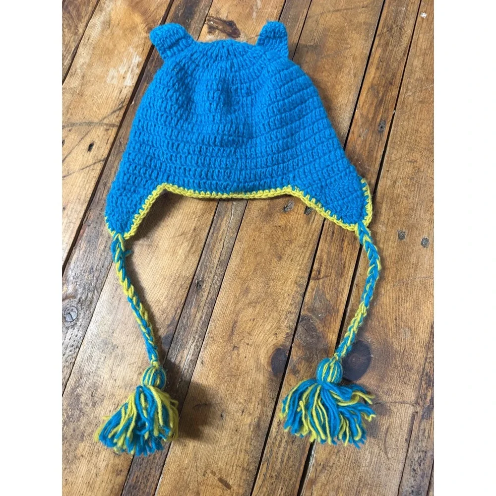 Oxford Nepal Crochet Monster Beanie Hat Kids Blue Wool Fleece Lined Kidcore Boho
